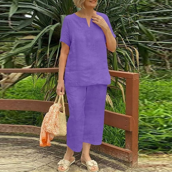 lmcalzta 2 Piece Sets for Women Linen Set Wide Leg Capris Short Sleeve Crew Neck Top Lounge Summer Outfits