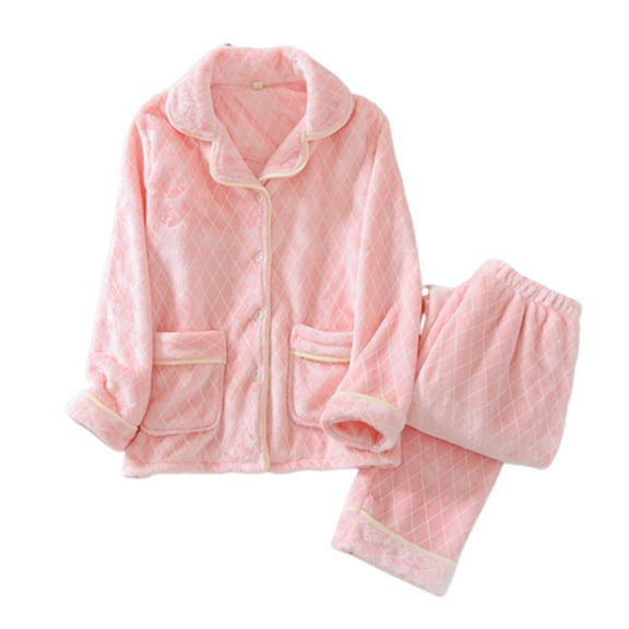 lmcalzta 2 Piece Sets for Women Lounge Pajamas Sets Fleece Long Sleeve Button up Tops and Elastic Waisted Pants Thermal Winter Outfits