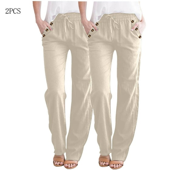lmcalzta 2PCS Womens Linen Pants Drawstring Elastic Waisted Straight Leg Casual Trousers with Pockets