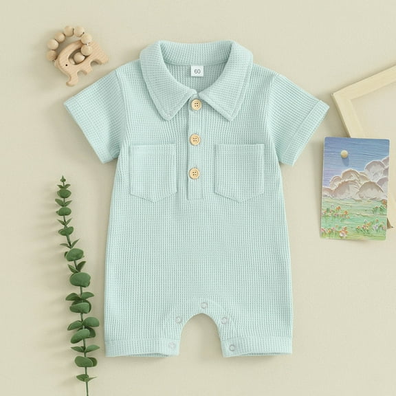 lmcalzta Baby Boys Clothes Infant Romper Button Short Sleeve Jumpsuits Summer Comfy Bodysuits(Snap-Closure & 0-12M)