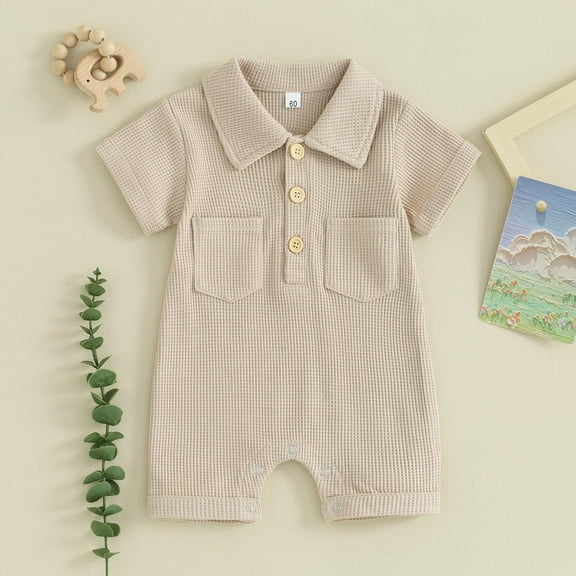 lmcalzta Baby Boys Clothes Infant Romper Button Short Sleeve Jumpsuits Summer Comfy Bodysuits(Snap-Closure & 0-12M)