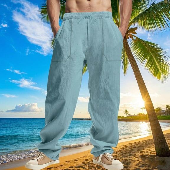 lmcalzta Baggy Sweatpants for Men Loose Cotton Linen Track Pants with Pockets Drawstring Beach Trousers