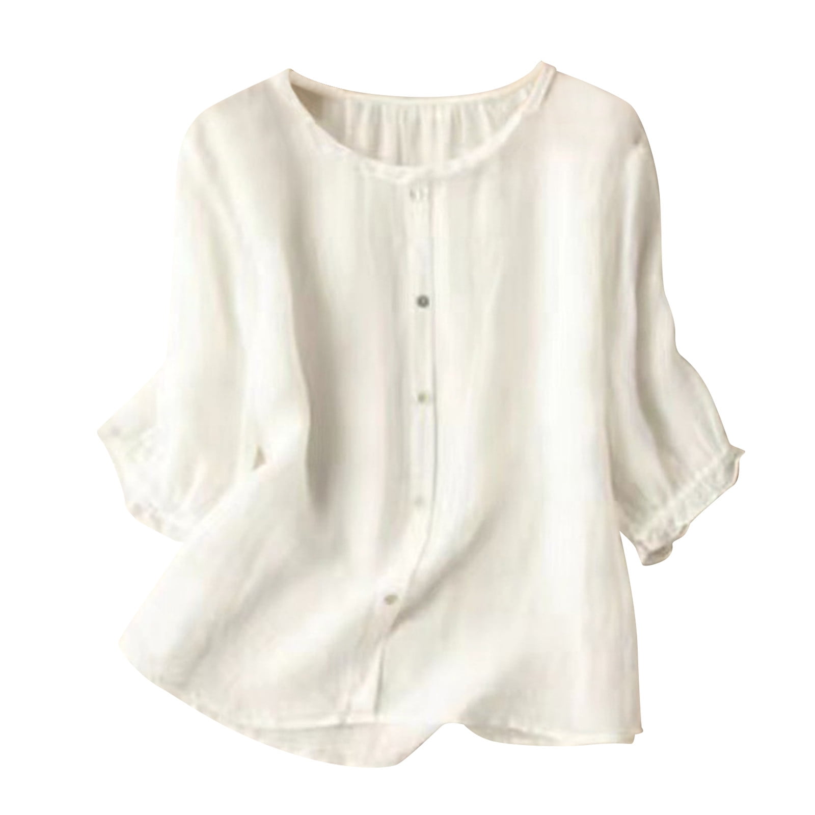 Mzkdieey Oversized Cotton Linen Shirts For Women Summer 3/4 Sleeve V Neck Button Down Blouse Casual Solid Loose Fit Tops