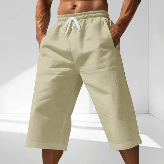 lmcalzta Capri Pants for Men Drawstring Elastic Waisted Linen Lightweight Lounge Pants Solid Color
