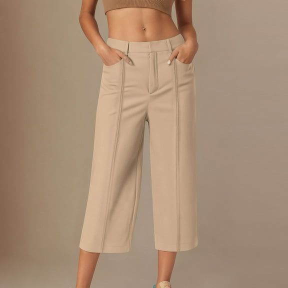 lmcalzta Capri Pants for Women Denim Jean Capris Button Wide Leg Summer Lounge Slack Trousers with Pockets