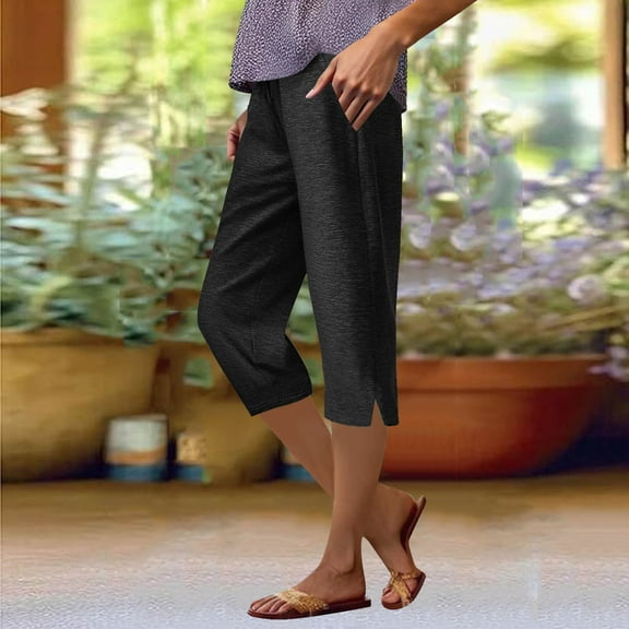 lmcalzta Capri Pants for Women Loungewear Pajama Pants Cotton Stretch Slacks Trousers with Pockets