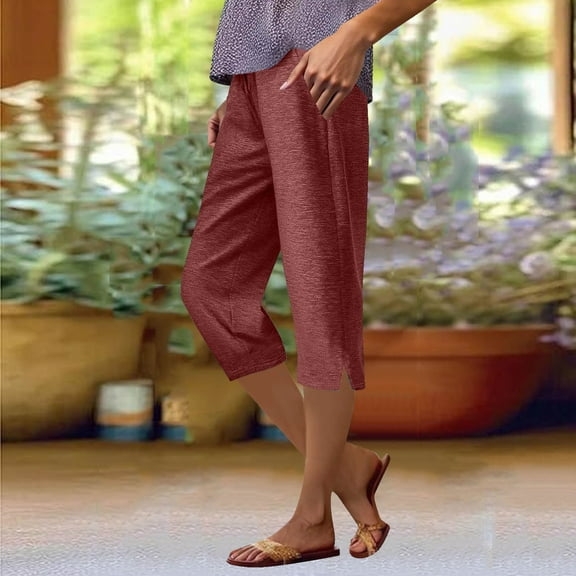 lmcalzta Capri Pants for Women Loungewear Pajama Pants Cotton Stretch Slacks Trousers with Pockets
