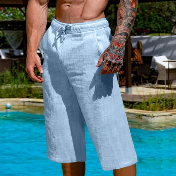 lmcalzta Capris Pants for Men Linen Summer Drawstring Beach Pants with Pockets Fashion 2025