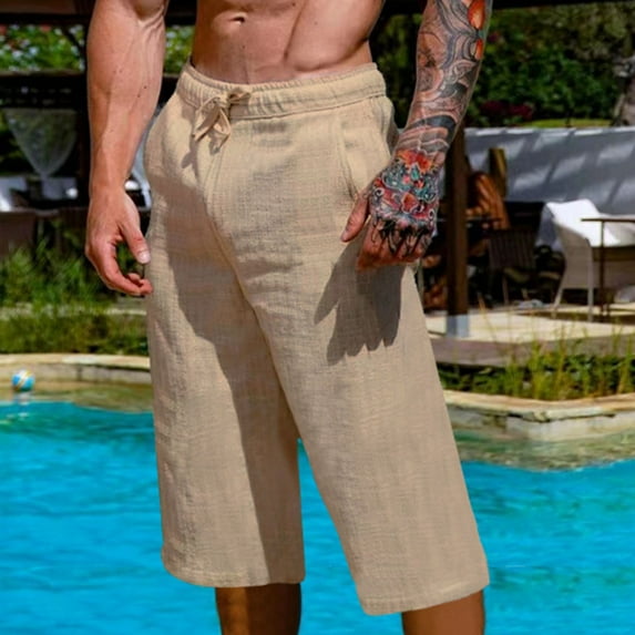 lmcalzta Capris Pants for Men Linen Summer Drawstring Beach Pants with Pockets Fashion 2025