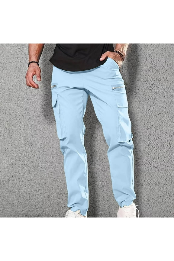 Cargo Pants For Men Straight Leg Elastic Waisted Pants With Zipper Pockets Fashion Casual Outdoor Gym Workout Trousers