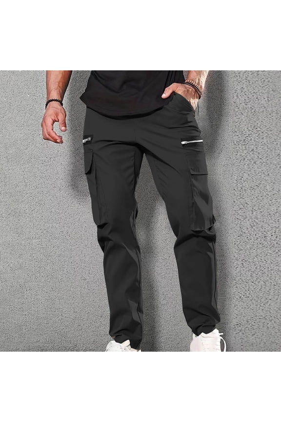 Cargo Pants For Men Straight Leg Elastic Waisted Pants With Zipper Pockets Fashion Casual Outdoor Gym Workout Trousers