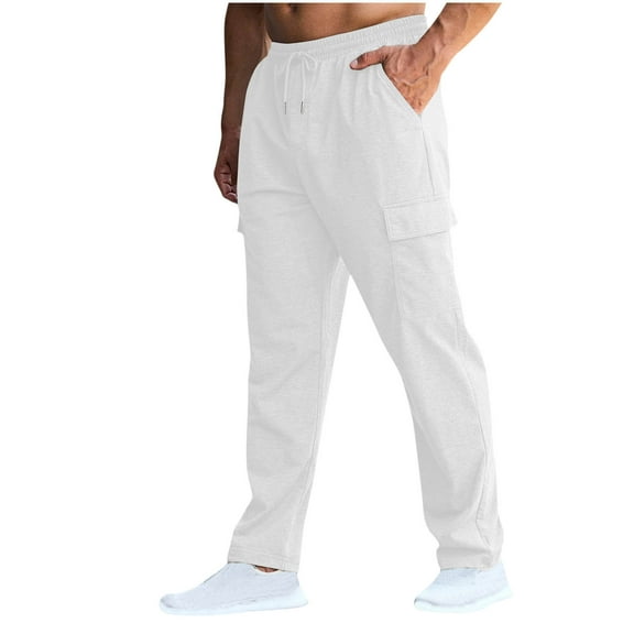 lmcalzta Cargo Pants for Men Cotton Stretch Drawstring Sweatpants with Multi Pockets Active Running Gym Trousers