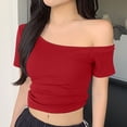 thumbnail image 1 of lmcalzta Crop Tops for Women off Shoulder Short Sleeve Slim Fitting T Shirts Basic Tees 2025 Fashion, 1 of 3