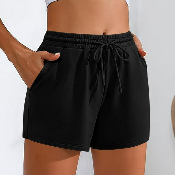 lmcalzta Drawstring Shorts for Women Elastic High Waist Cotton Stretch Loose Athletic Shorts with Pockets Workout Gym Running Trousers