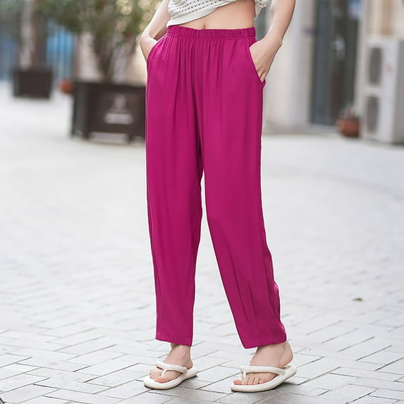 lmcalzta Joggers for Women Elastic High Waist Stretch Loose Flowy Soft Cotton Casual Pants Summer Trousers