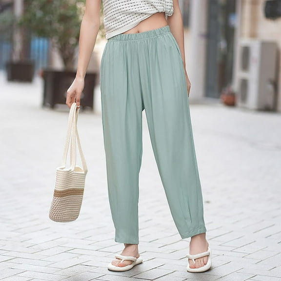 lmcalzta Joggers for Women Elastic High Waist Stretch Loose Flowy Soft Cotton Casual Pants Summer Trousers