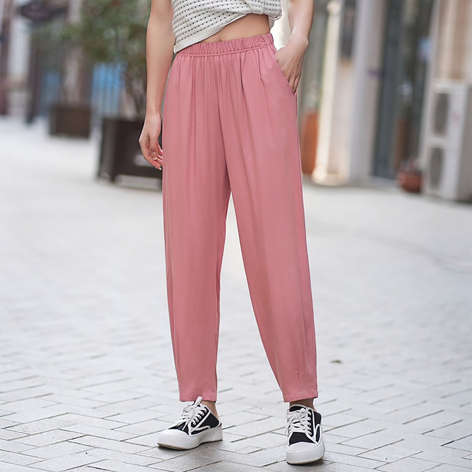 lmcalzta Joggers for Women Elastic High Waist Stretch Loose Flowy
