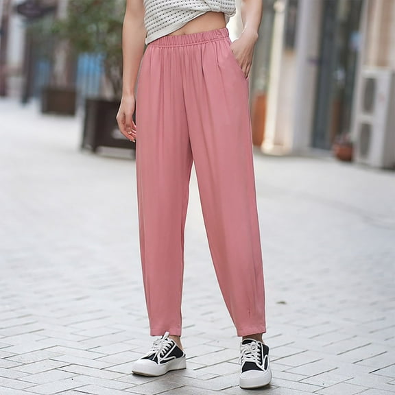 lmcalzta Joggers for Women Elastic High Waist Stretch Loose Flowy Soft Cotton Casual Pants Summer Trousers