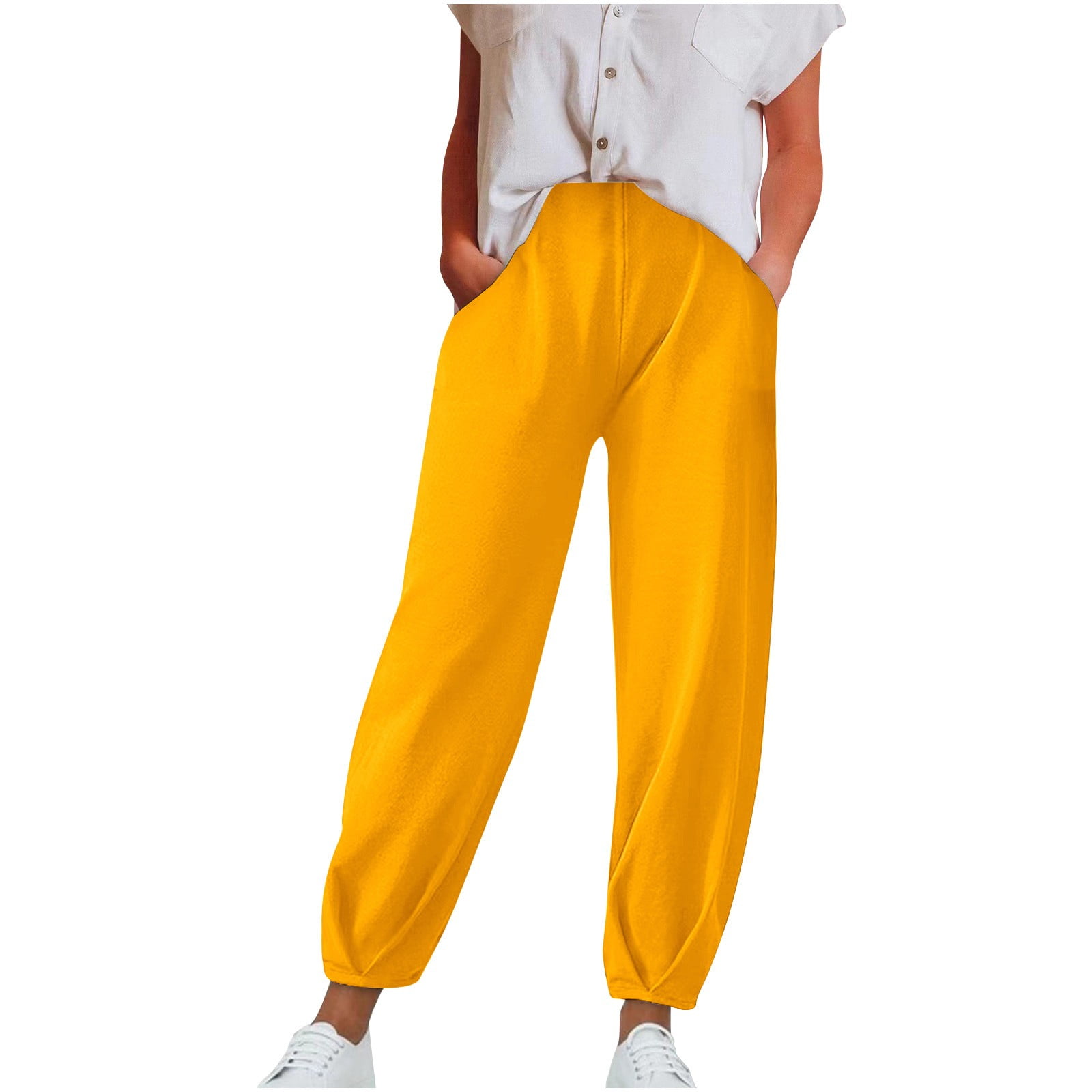 ★送料・関税込★s/e/o★STRAIGHT JOGGER PANTS YELLOW★ Women Solid Color Pants Adjustable Drawstring Joggers