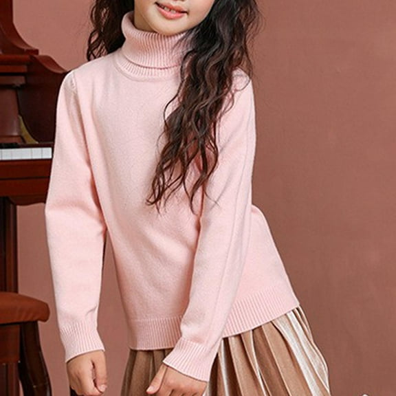 lmcalzta Kids Girls Sweater Turtleneck Long Sleeve Knitted Tops Fall Winter Warm Solid Color Slim Fitted Child Pullover(3-14 Years)