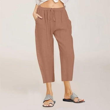 lmcalzta Linen Capri Pants Women Drawstring Mid Waisted Straight Leg Loose Fitting Pants with Pockets