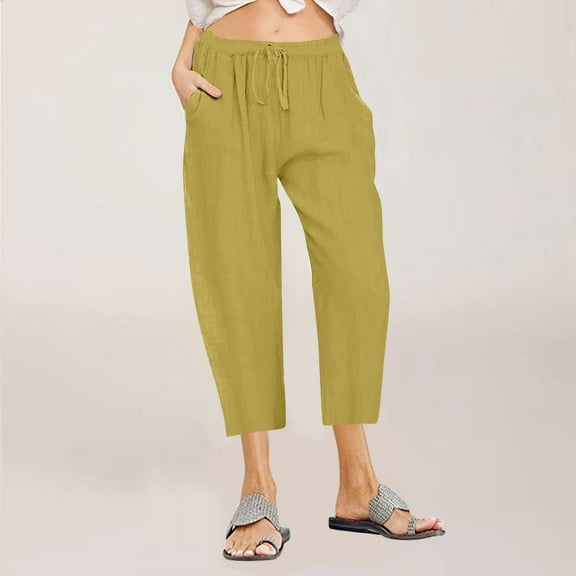 lmcalzta Linen Capri Pants Women Drawstring Mid Waisted Straight Leg Loose Fitting Pants with Pockets