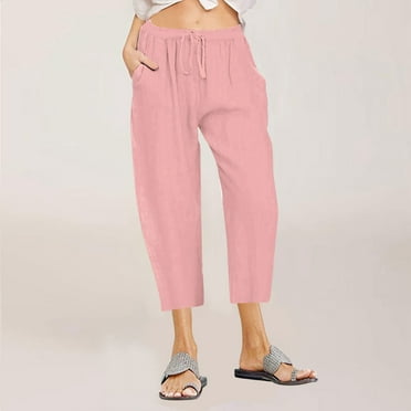 lmcalzta Linen Capri Pants Women Drawstring Mid Waisted Straight Leg Loose Fitting Pants with Pockets