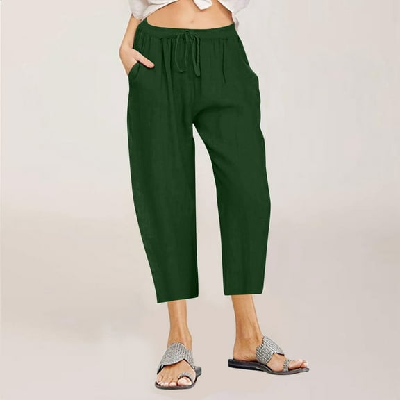 lmcalzta Linen Capri Pants Women Drawstring Mid Waisted Straight Leg Loose Fitting Pants with Pockets