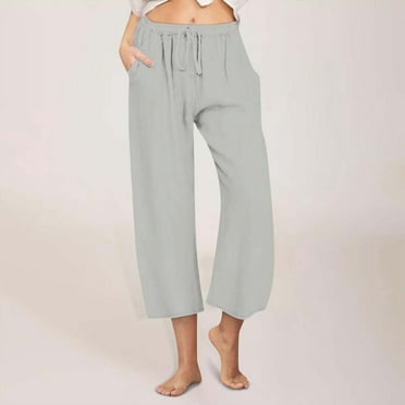 lmcalzta Linen Capri Pants Women Drawstring Mid Waisted Wide Leg Capris with Pockets Slacks Loose Trousers