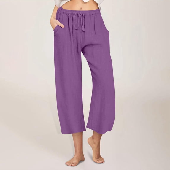lmcalzta Linen Capri Pants Women Drawstring Mid Waisted Wide Leg Capris with Pockets Slacks Loose Trousers