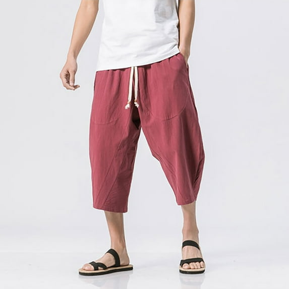 lmcalzta Linen Capris for Men Drawstring Baggy Lightweight Sweatpants Summer Beach Trousers