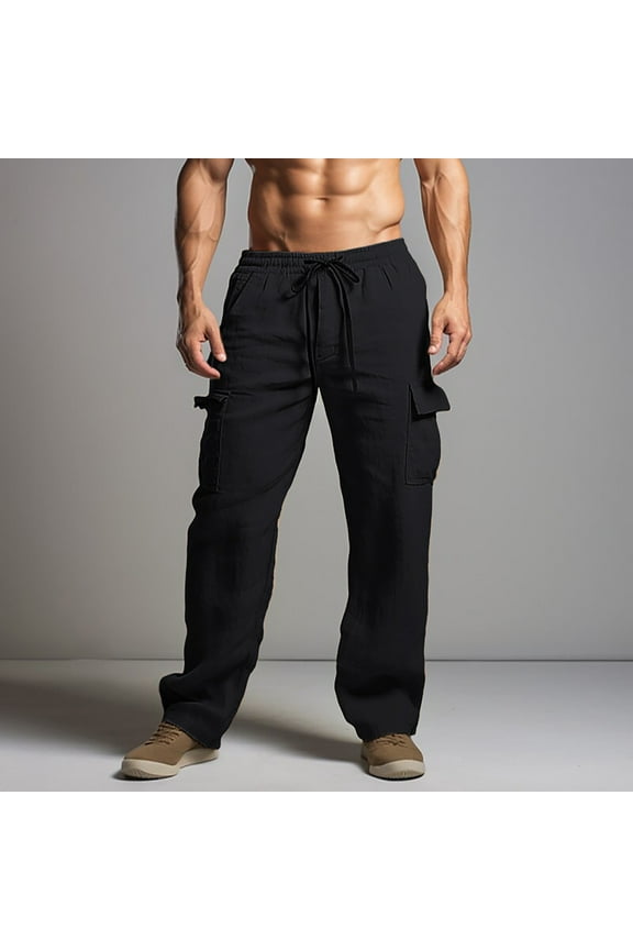 Linen Cargo Pants for Men Casual Elastic Drawstring Waist Lightweight Loose Fitted Summer Beach Trousers with Pockets