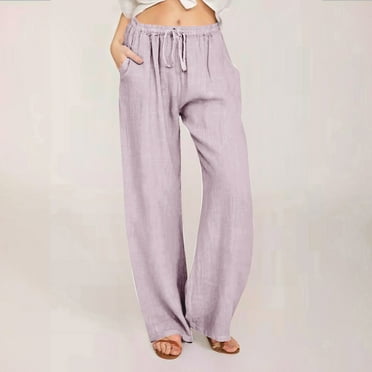 lmcalzta Linen Pants Women Drawstring Mid Waisted Wide Leg Slacks Loose Pants with Pockets Summer Palazzo Trousers