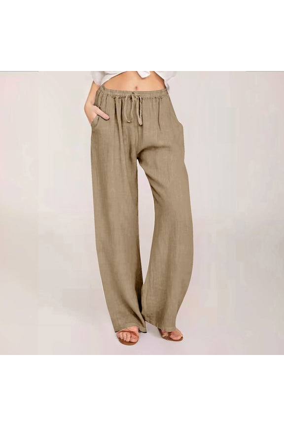Linen Pants Women Drawstring Mid Waisted Wide Leg Slacks Loose Pants with Pockets Summer Palazzo Trousers