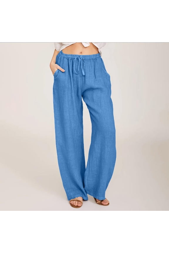 Linen Pants Women Drawstring Mid Waisted Wide Leg Slacks Loose Pants with Pockets Summer Palazzo Trousers