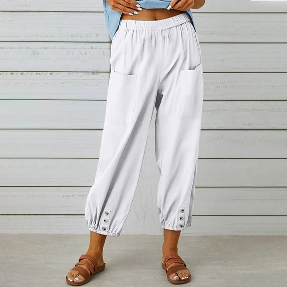 lmcalzta Linen Pants Womens Elastic Waisted Straight Leg Pants with Pockets Casual Loose Summer Fall Beach Solid Color Trousers