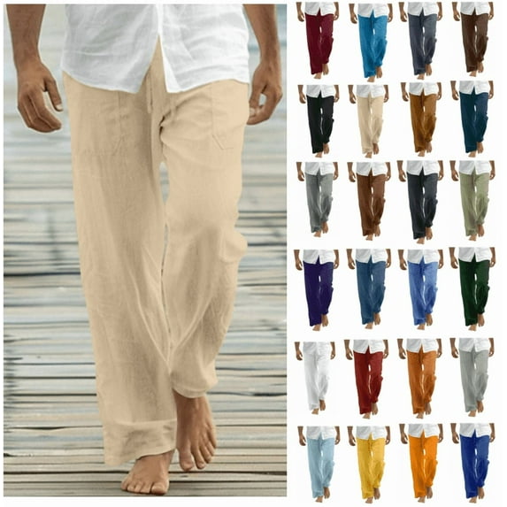 lmcalzta Linen Pants for Men Casual Lightweight Stretch Beach Pants Summer Drawstring Elastic Waisted Trousers