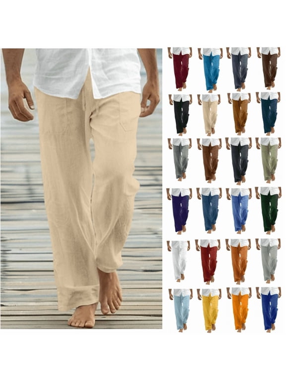 Linen Pants for Men Casual Lightweight Stretch Beach Pants Summer Drawstring Elastic Waisted Trousers