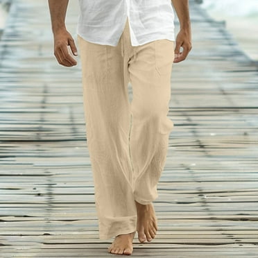 lmcalzta Linen Pants for Men Casual Lightweight Stretch Beach Pants Summer Drawstring Elastic Waisted Trousers