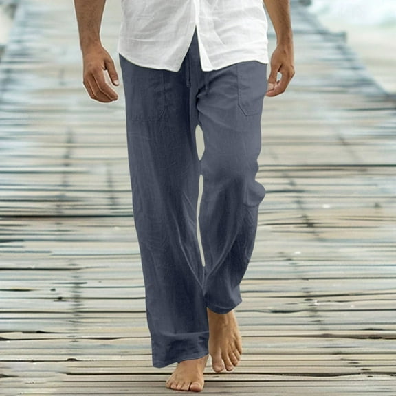 lmcalzta Linen Pants for Men Casual Lightweight Stretch Beach Pants Summer Drawstring Elastic Waisted Trousers