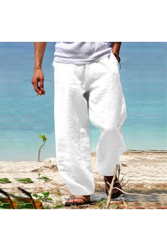 Linen Pants for Men Loose Fitted Drawstring Elastic Waist Summer Dressy Casual Beach Pants with Pockets