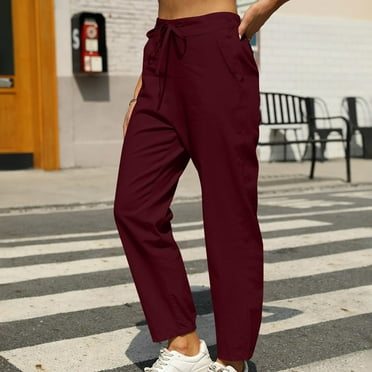 lmcalzta Linen Pants for Women Drawstring Elastic Waisted Straight Leg Pants with Pocket Fall Solid Color Casual Trousers