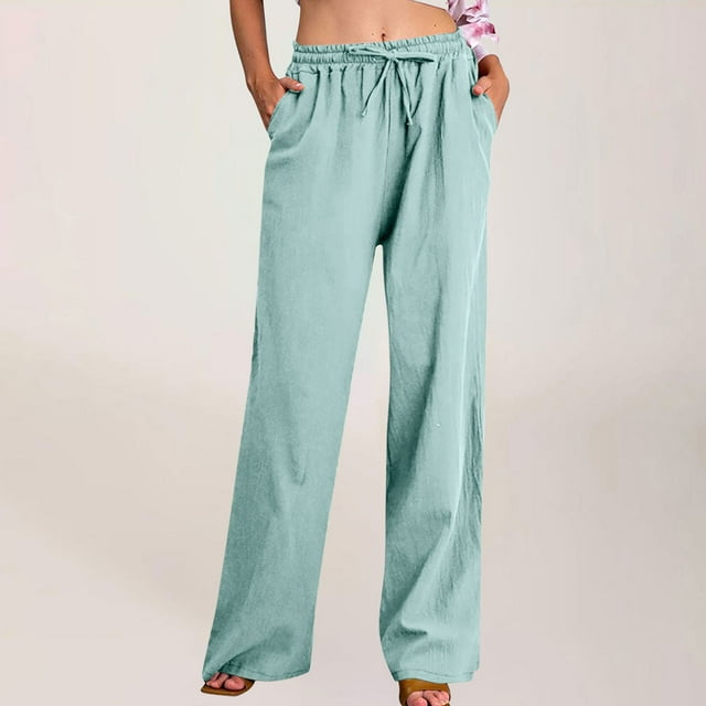 lmcalzta Linen Pants for Women High Waisted Drawstring Summer Wide Leg Pants with Pockets Trendy Casual