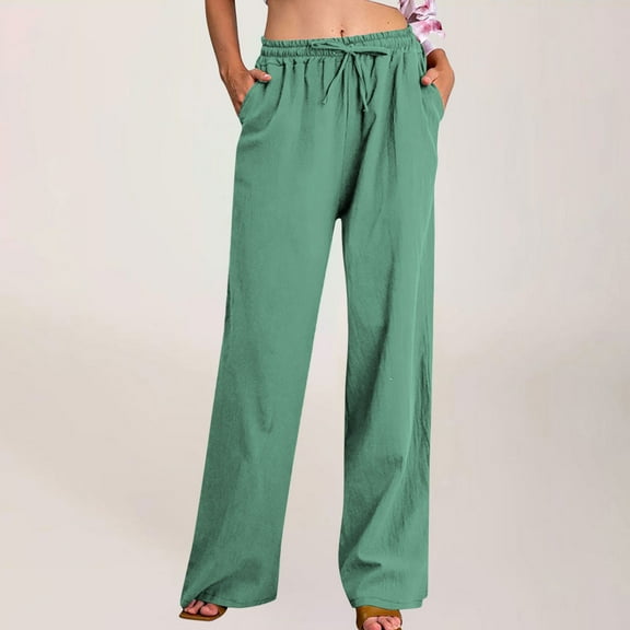 lmcalzta Linen Pants for Women High Waisted Drawstring Summer Wide Leg Pants with Pockets Trendy Casual