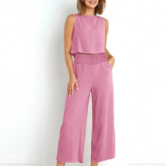 lmcalzta Linen Set for Women Sleeveless Square Neck Tank Top High Waisted Wide Leg Pants Casual 2 Piece Outfits