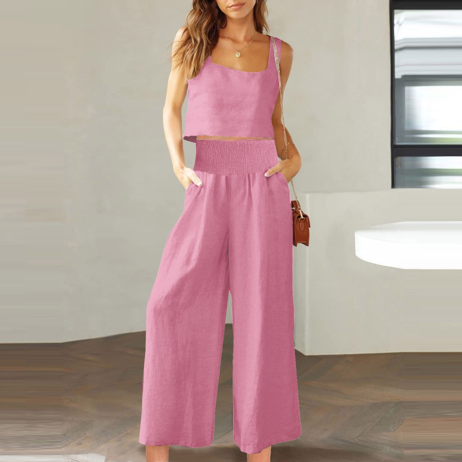 Women's Linen V-Neck Top and Wide Leg Pocket Pants Set