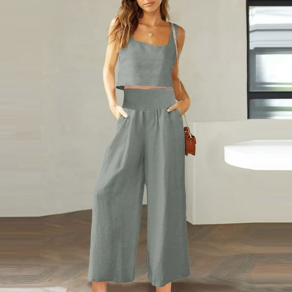 lmcalzta Linen Set for Women Sleeveless Square Neck Tank Top High Waisted Wide Leg Pants Casual 2 Piece Outfits