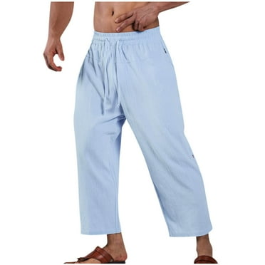 lmcalzta Linen Sweatpants Men Elastic Waist Drawstring Cropped Pants with Pockets Athletic Running Yoga Gym Trousers