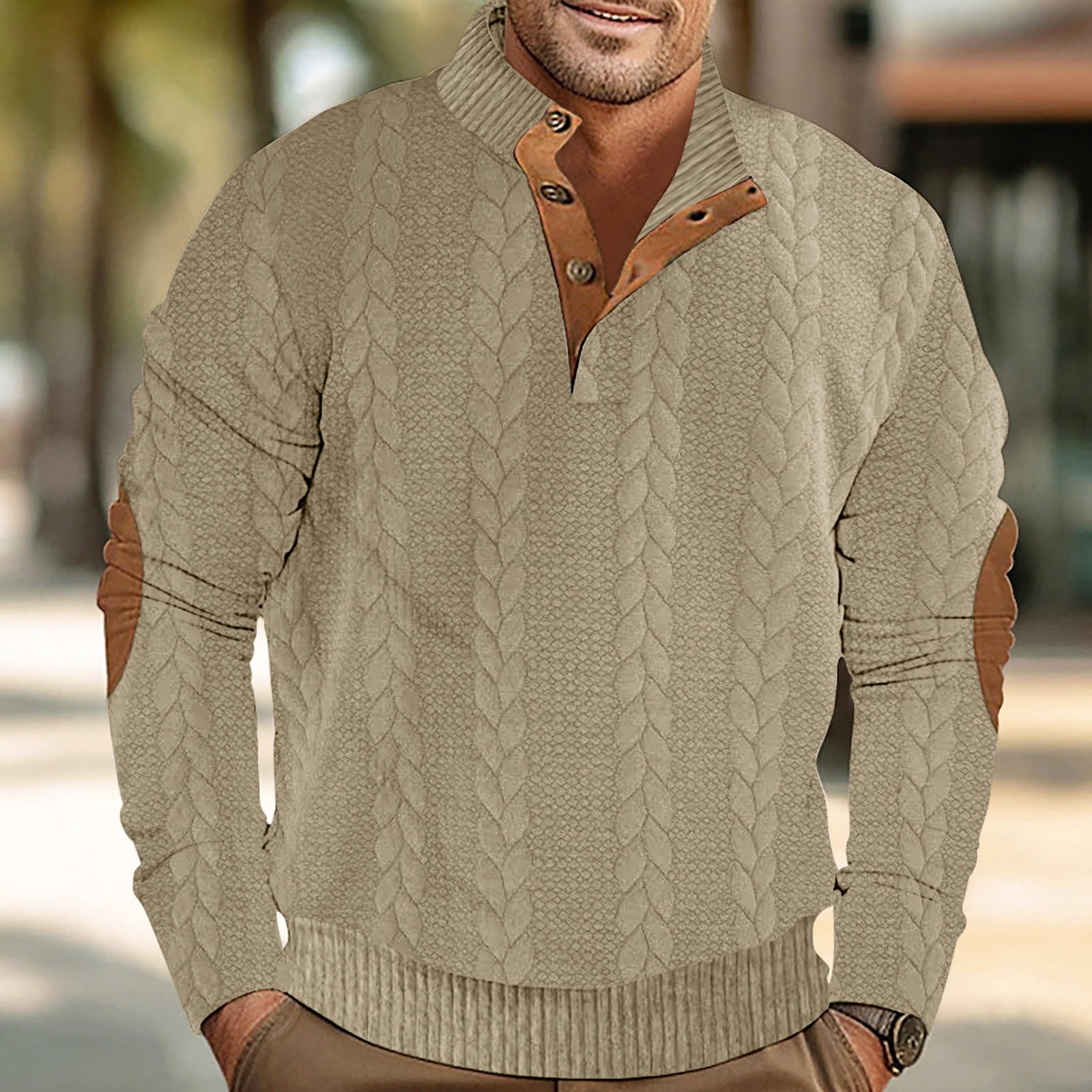 lmcalzta Men's Cable Knit Sweater Stand Collar Thermal Button