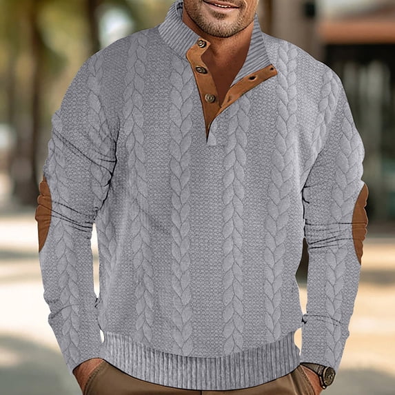 lmcalzta Men's Cable Knit Sweater Stand Collar Thermal Button Pullover ...